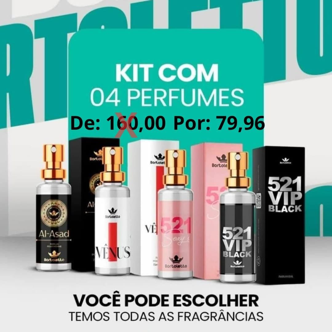 Kit com 4 perfumes Bortoletto, de R$160,00 por R$79,96, com opção de escolher entre todas as fragrâncias