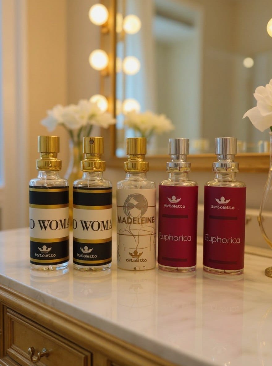 Perfumes Bortoletto em destaque sobre bancada, mostrando o acabamento premium dos frascos